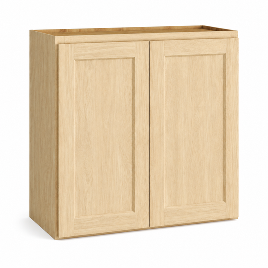 A light oak wood wall cabinet with two paneled doors, shown from a three-quarter angle on a white background.| USA Cabinets Outlet|