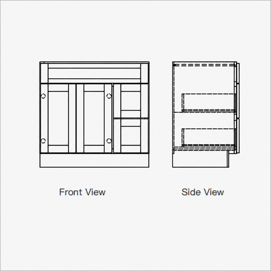A simple line drawing showing the front and side views of a cabinet or storage unit on a light gray background, with labels reading 'Front View' and 'Side View'.|USA Cabinets Outlet | specifications – USA Cabinets Outlet