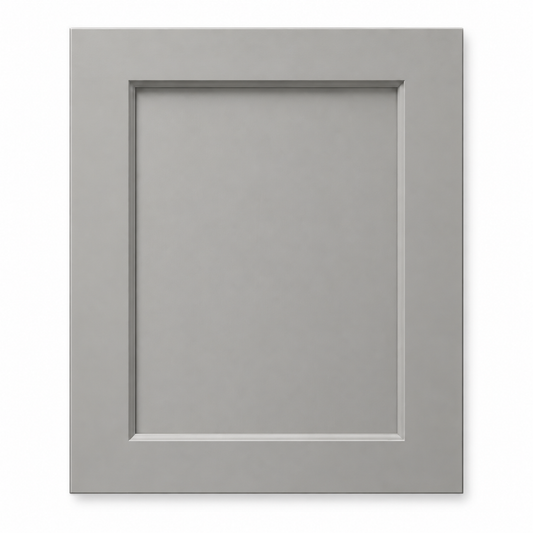 Portable square Warm Gray Shaker mini sample door showing painted wood texture and recessed detail by USA Cabinets Outlet.