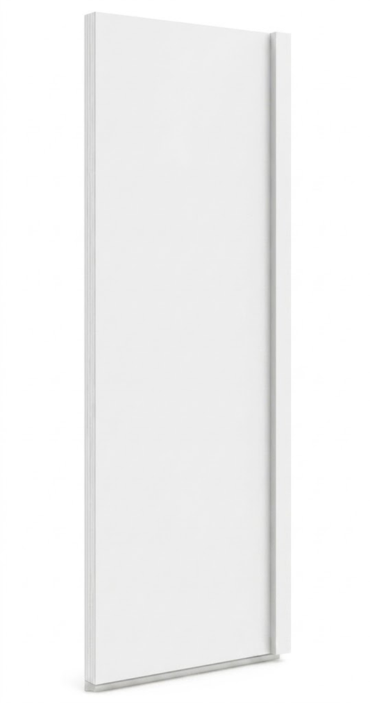 A minimalist white sliding glass door panel with a slim metal track and frame, shown on a clean white background at USA Cabinets Outlet