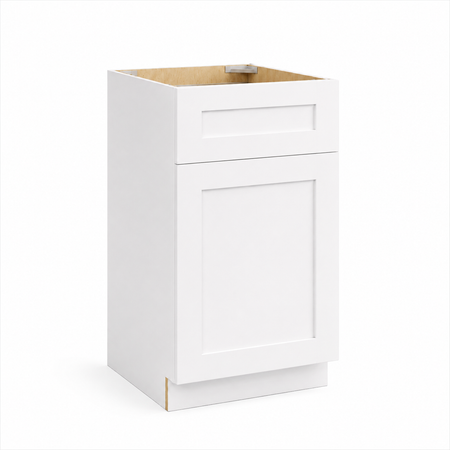 A white single-basin kitchen cabinet base with a shaker-style front door and a recessed drawer above, shown on a clean white background.