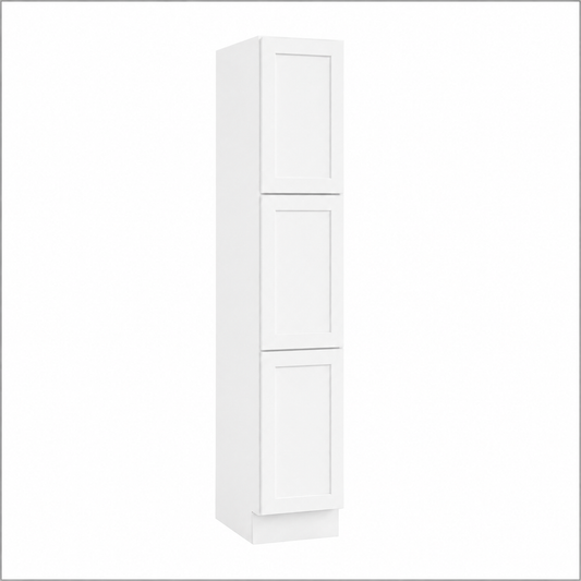A tall, narrow white wall cabinet with three stacked shaker-style doors, shown on a plain white background| USA Cabinets Outlet|