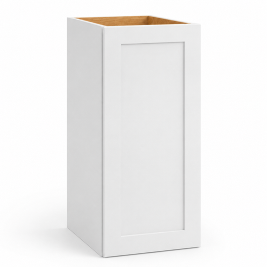A white shaker-style cabinet base with a recessed front panel and an open top showing a natural wood interior, isolated on a white background.| USA Cabinets Outlet|