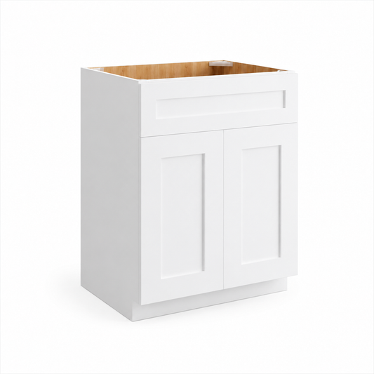 A white kitchen base cabinet with two shaker-style doors and an open top showing a light wood interior, isolated on a white background at USA Cabinets Outlet