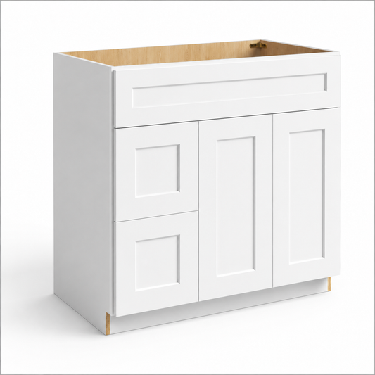 White kitchen cabinet with wooden top on a white background|USA Cabinets Outlet|