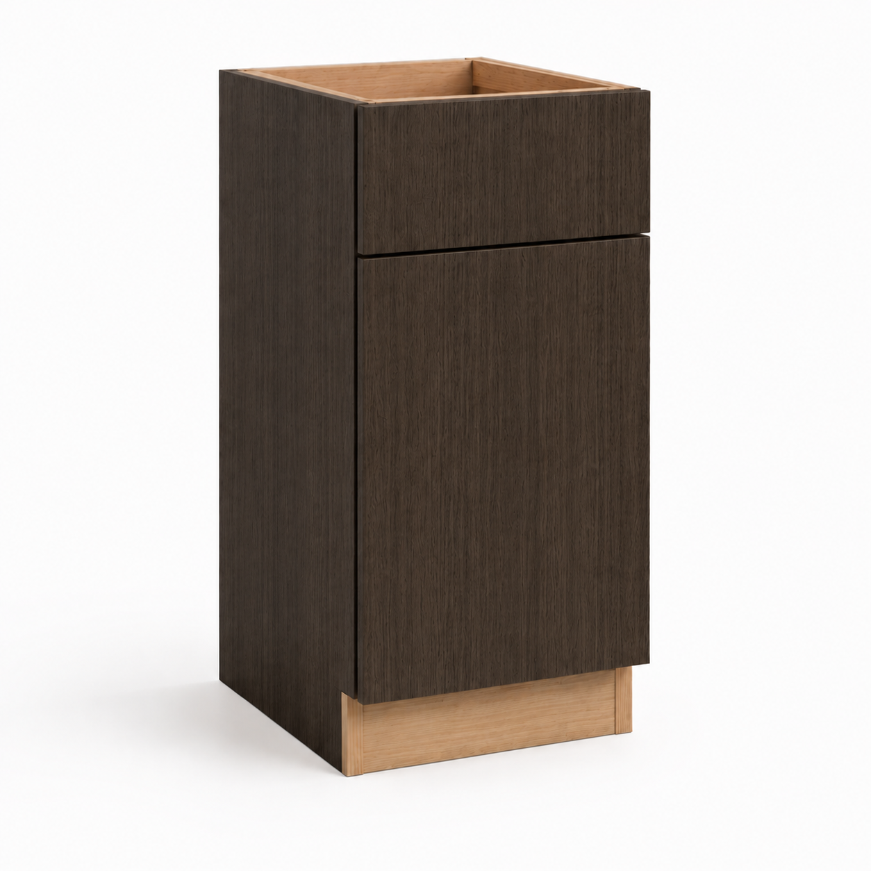 Wooden cabinet with a dark brown door and light brown base on a white background ( USA Cabinets Outlet )