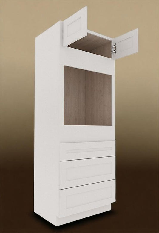 White Shaker 33″ W 27" D Double Door Oven Pantry Cabinet with Three Drawers