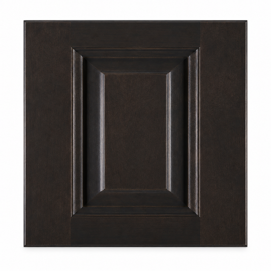 A single dark brown wood cabinet door with a raised panel design, shown against a plain white background.