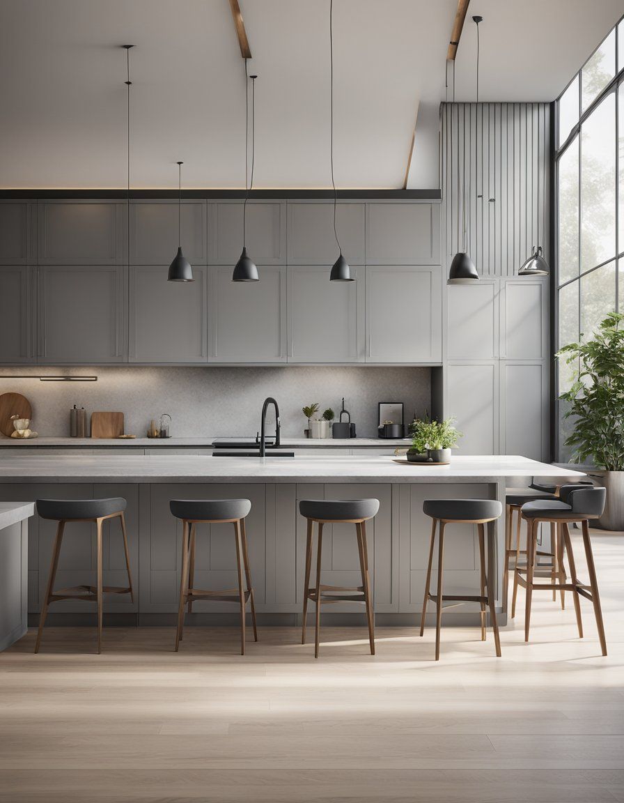 Modern kitchen with gray cabinets, white countertops, and wooden stools. ( USA Cabinets Outlet )