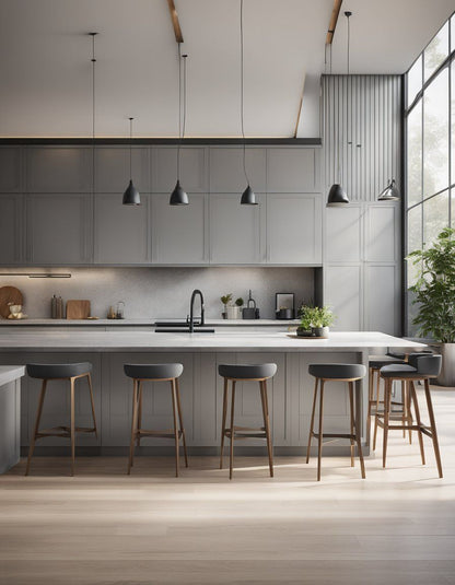 Modern kitchen with gray cabinets, white countertops, and wooden stools. ( USA Cabinets Outlet )