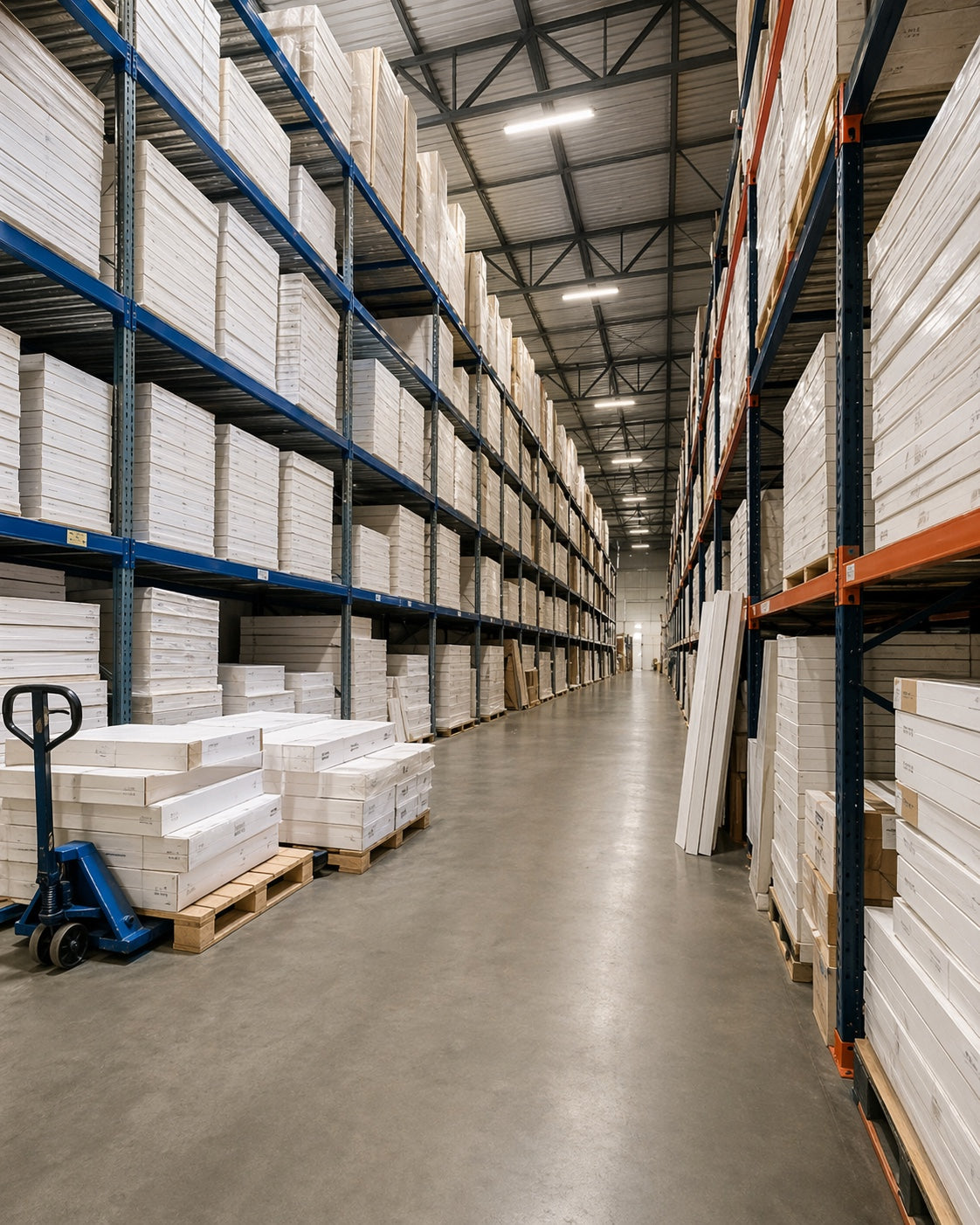 Warehouse interior with shelves stocked with boxes and a pallet truck ( USA Cabinets Outlet ) 