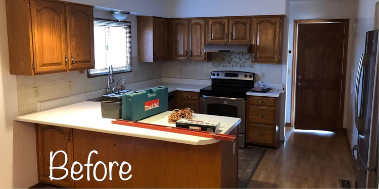 Kitchen with wooden cabinets and appliances, labeled 'Before'. ( USA Cabinets Outlet ) 