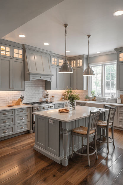 Modern kitchen with gray island, wooden floors, and pendant lights ( USA Cabinets Outlet ) 