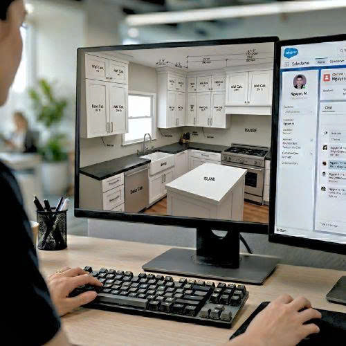 Person using a computer with a kitchen design software on one screen and a messaging app on another. USA Cabinets outlet)