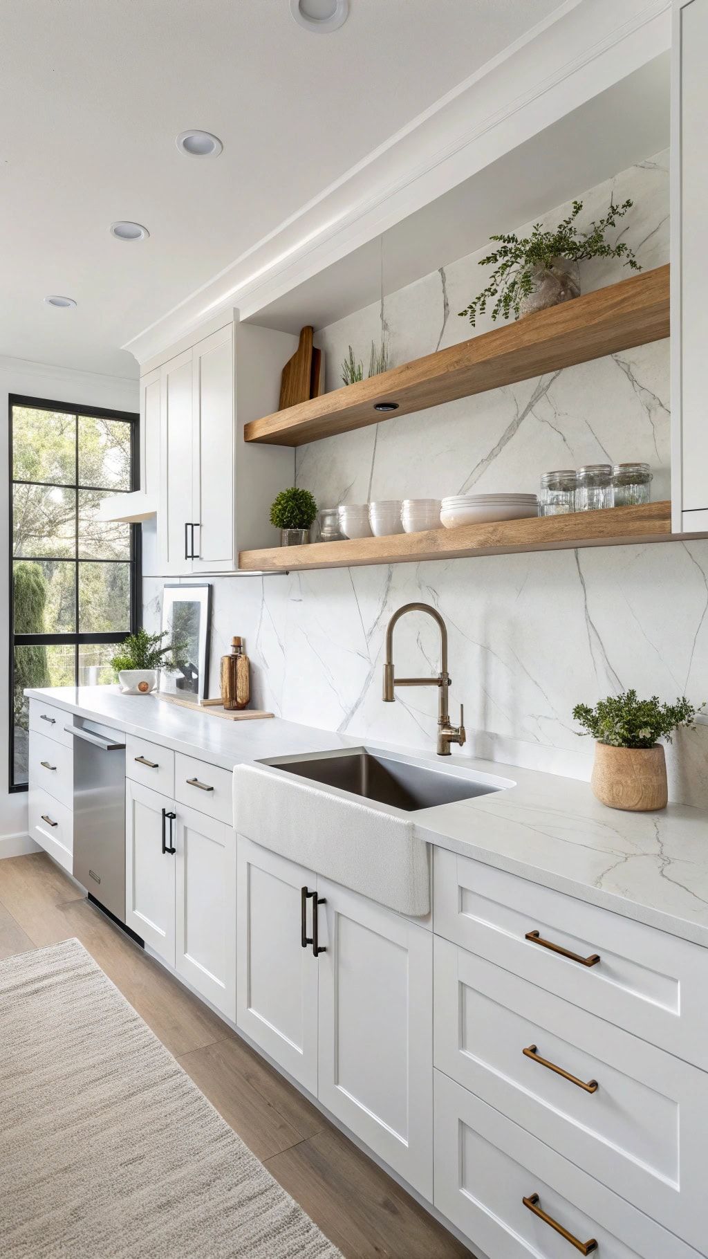 Modern kitchen with white cabinets, marble countertop, and stainless steel appliances ( USA Cabinets Outlet )