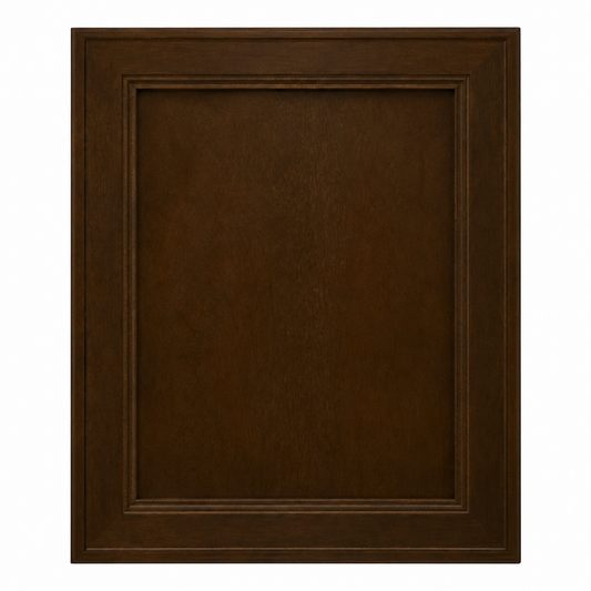 A single dark brown wooden cabinet door with a raised inner panel and beveled edges, shown against a plain white background.