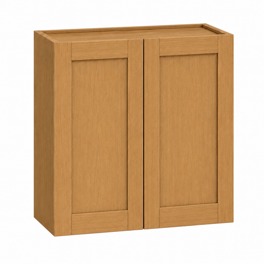  cabinet with two paneled doors in a warm medium brown wood finish, shown against a plain white background.|USA Cabinets Outlet |