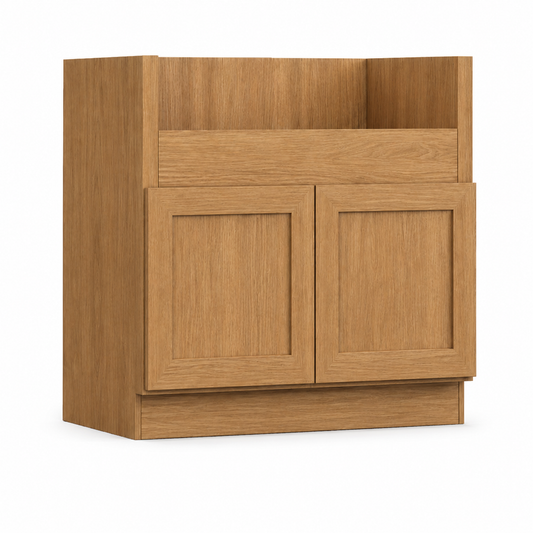 A wall-mounted wooden cabinet base with two paneled doors and an open upper shelf, shown on a clean white background.| USA Cabinets Outlet |
