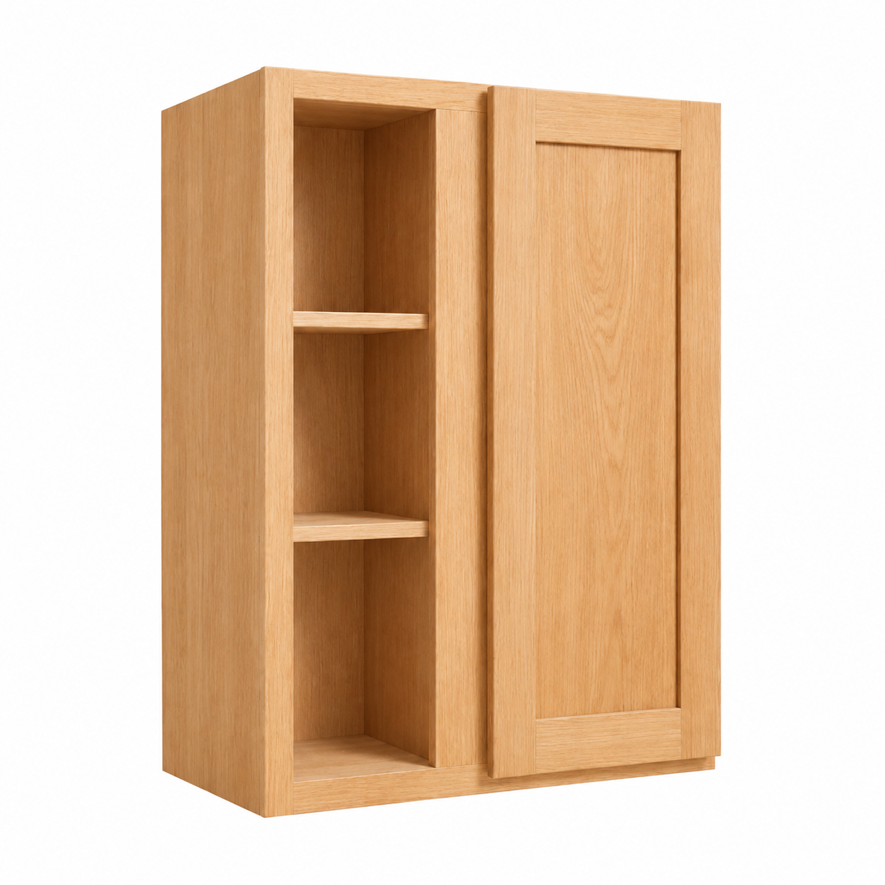 A wall-mounted wooden cabinet with one open door and three interior shelves, shown on a plain white background.|USA Cabinets Outlet |