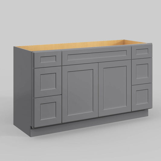 Gray Shaker 60" W Vanity Sink Drawer Base Cabinet 4 Drawer, 1 Fake Drawer and 2 Door