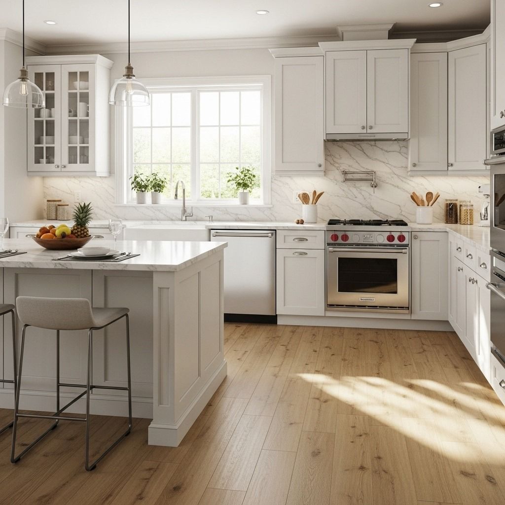 Modern kitchen with white cabinets, marble island, and stainless steel appliances ( USA Cabinets Outlet )