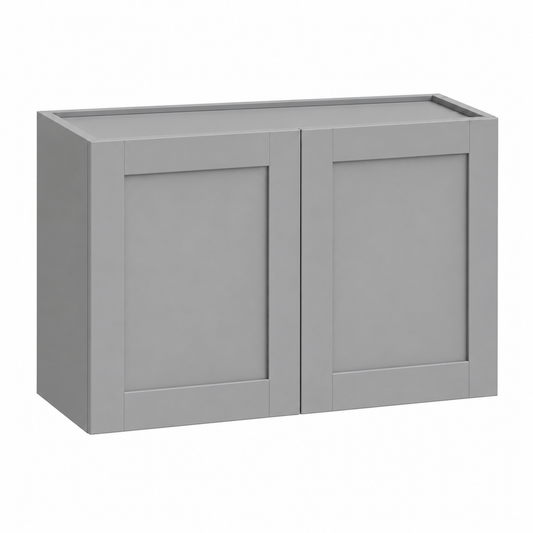 A gray double-door cabinet with a shaker-style paneled design, shown from a three-quarter angle on a solid white background.|USA Cabinets Outlet |