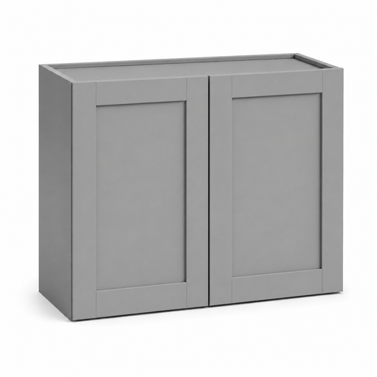 A gray double-door wall cabinet with a shaker-style paneled front, shown from a three-quarter angle on a white background.| USA Cabinets Outlet |