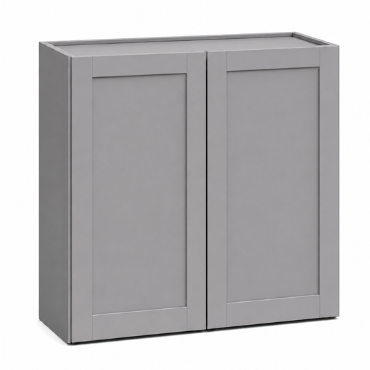 A gray wall-mounted double-door storage cabinet with a flat top, shown on a plain white background.|USA Cabinets Outlet |