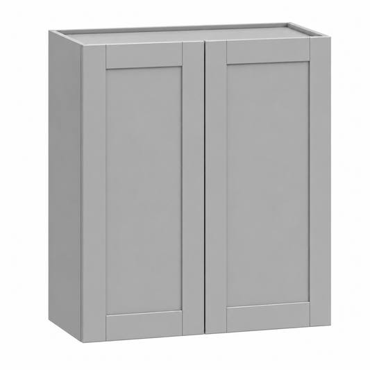 A light gray wall-mounted double cabinet with shaker-style doors and a flat top surface, shown on a plain white background.|USA Cabinets Outlet |