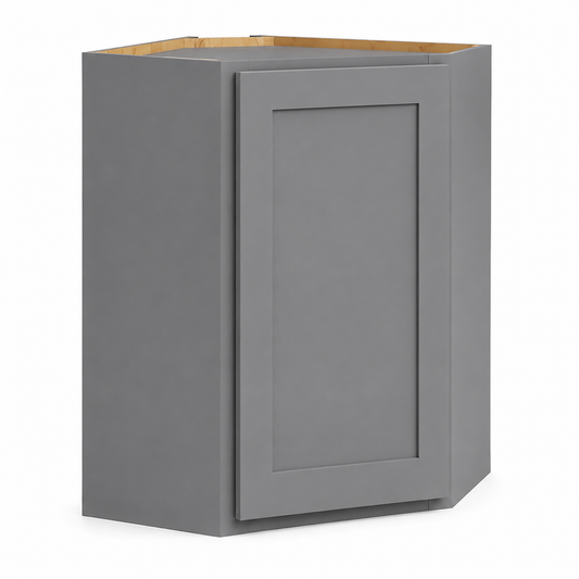 A gray corner wall cabinet shown at a three-quarter angle on a white background, with the natural wood interior top edge visible.|USA Cabinets Outlet |