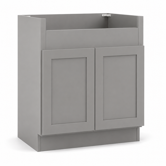 A gray kitchen vanity cabinet with two shaker-style doors and an open top shelf, shown on a plain white background. | USA Cabinets Outlet |