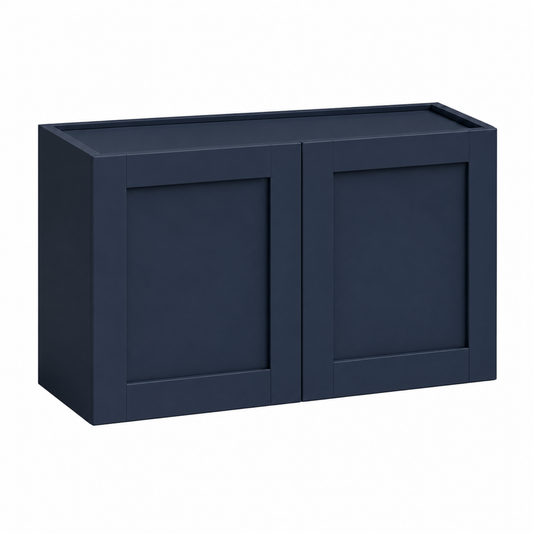 A navy blue wall-mounted double cabinet with shaker-style doors, shown from a three-quarter angle against a plain white background.|USA Cabinets Outlet |