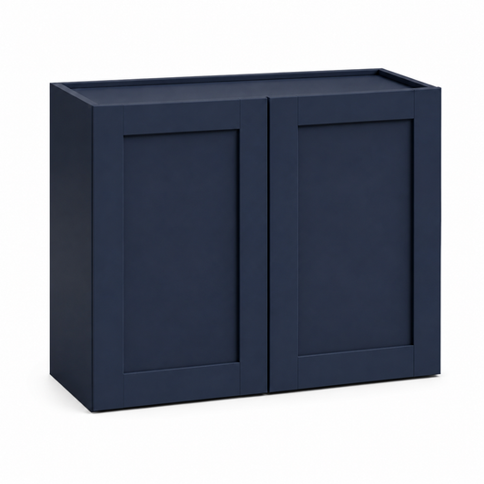 A navy blue wall cabinet with two paneled doors and a top surface, shown on a plain white background.|USA Cabinets Outlet |