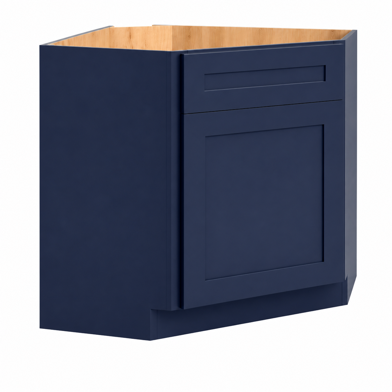 A single corner kitchen base cabinet in navy blue, shown from a three-quarter angle against a solid white background. The cabinet features a shaker-style front door and a single drawer, with a natural wood interior visible at the top.| USA Cabinets Outlet |