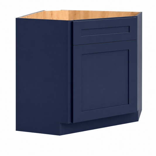 A single corner kitchen base cabinet in navy blue, shown from a three-quarter angle against a solid white background. The cabinet features a shaker-style front door and a single drawer, with a natural wood interior visible at the top.| USA Cabinets Outlet |
