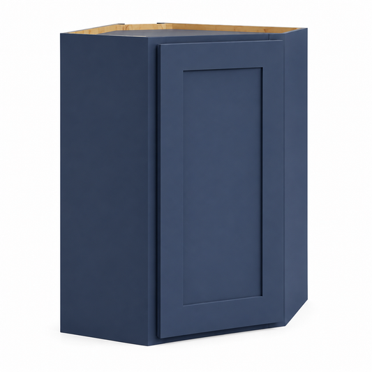 A navy blue kitchen cabinet base with a single paneled door and a light wood top surface, shown on a plain white background.|USA Cabinets Outlet |