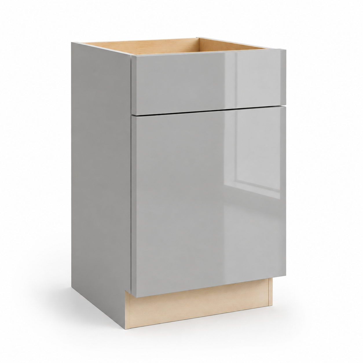 Gray kitchen cabinet with wooden base on a white background ( USA Cabinets Outlet )
