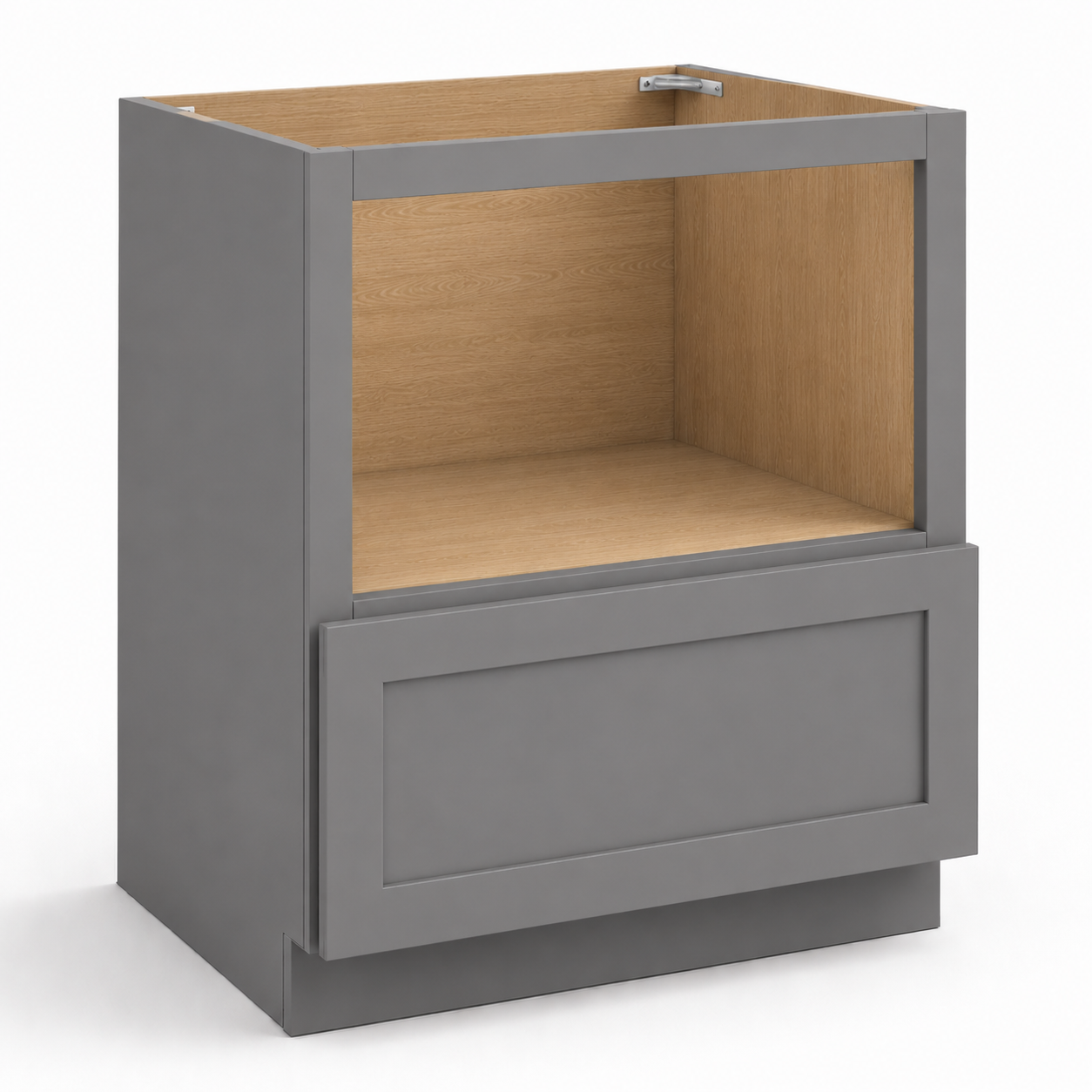 Gray cabinet with wooden interior on a white background |USA Cabinets Outlet|