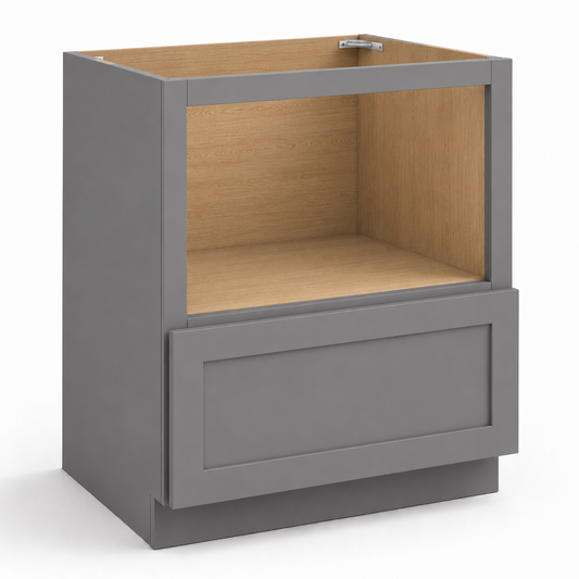 Gray cabinet with wooden interior on a white background |USA Cabinets Outlet|
