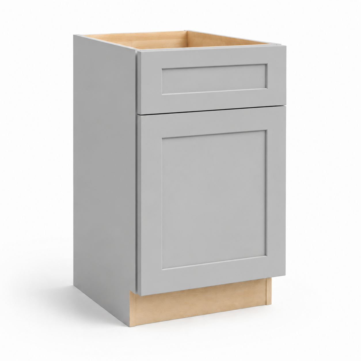 Gray kitchen cabinet with a wooden base and top on a white background ( USA Cabinets Outlet )
