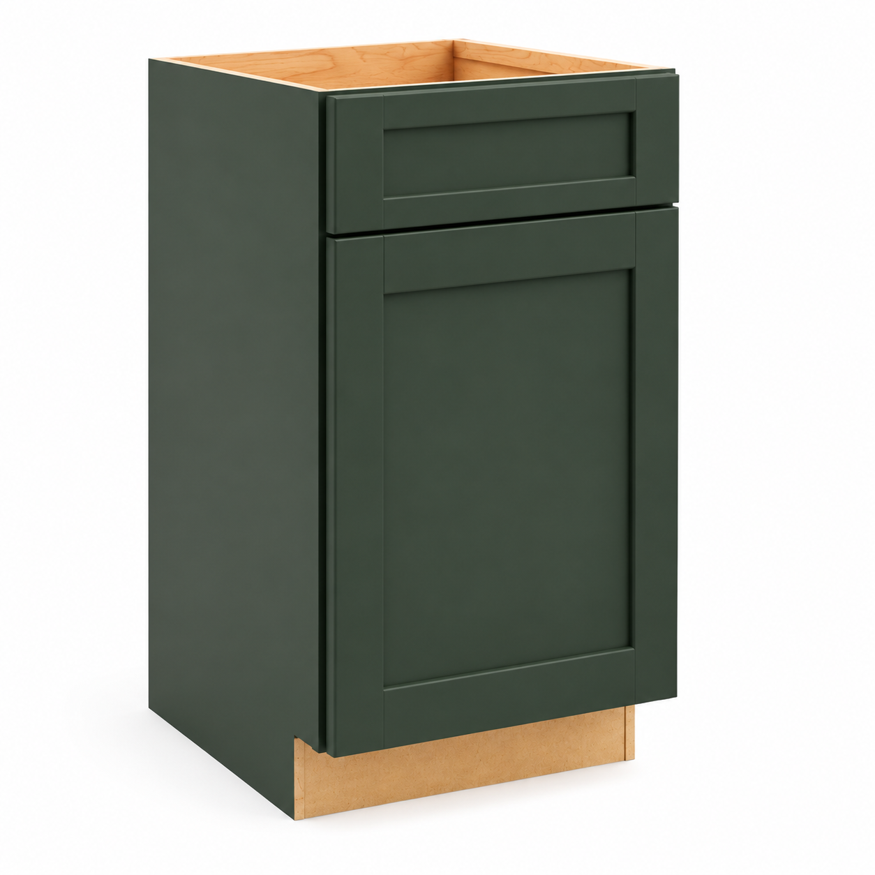 Green kitchen cabinet with a wooden base and top on a white background ( USA Cabinets Outlet ) 