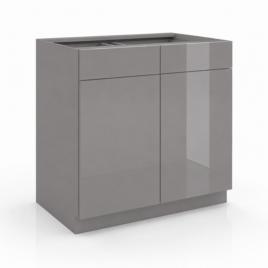 High Gloss Gray Sink Base Cabinet – 2 Doors &  2 False Drawer
