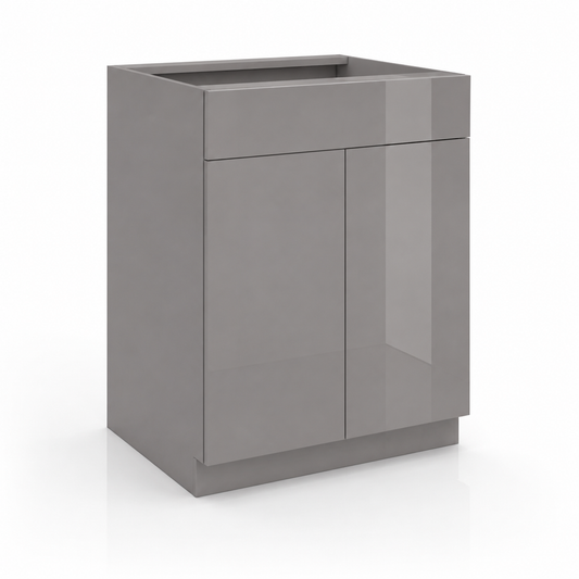 High Gloss Gray Sink Base Cabinet – 2 Doors &  1 False Drawer
