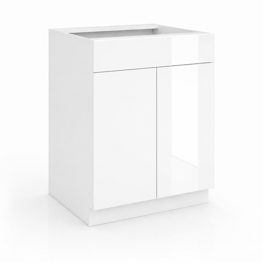 High Gloss White Sink Base Cabinet – 2 Doors &  1 False Drawer