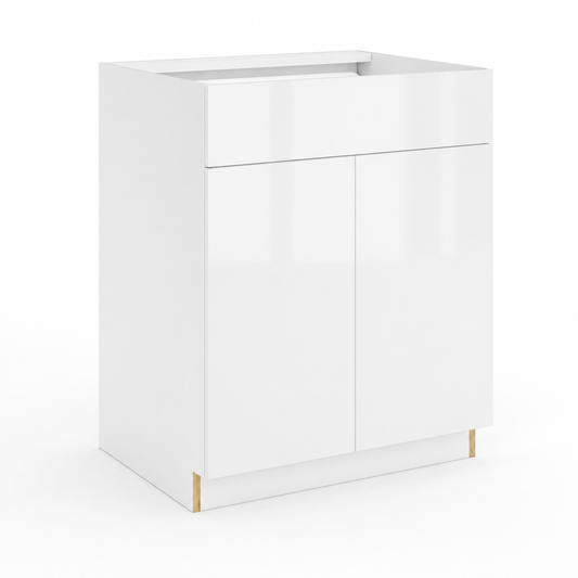 White cabinet with a gold base on a white background |USA Cabinets Outlet |