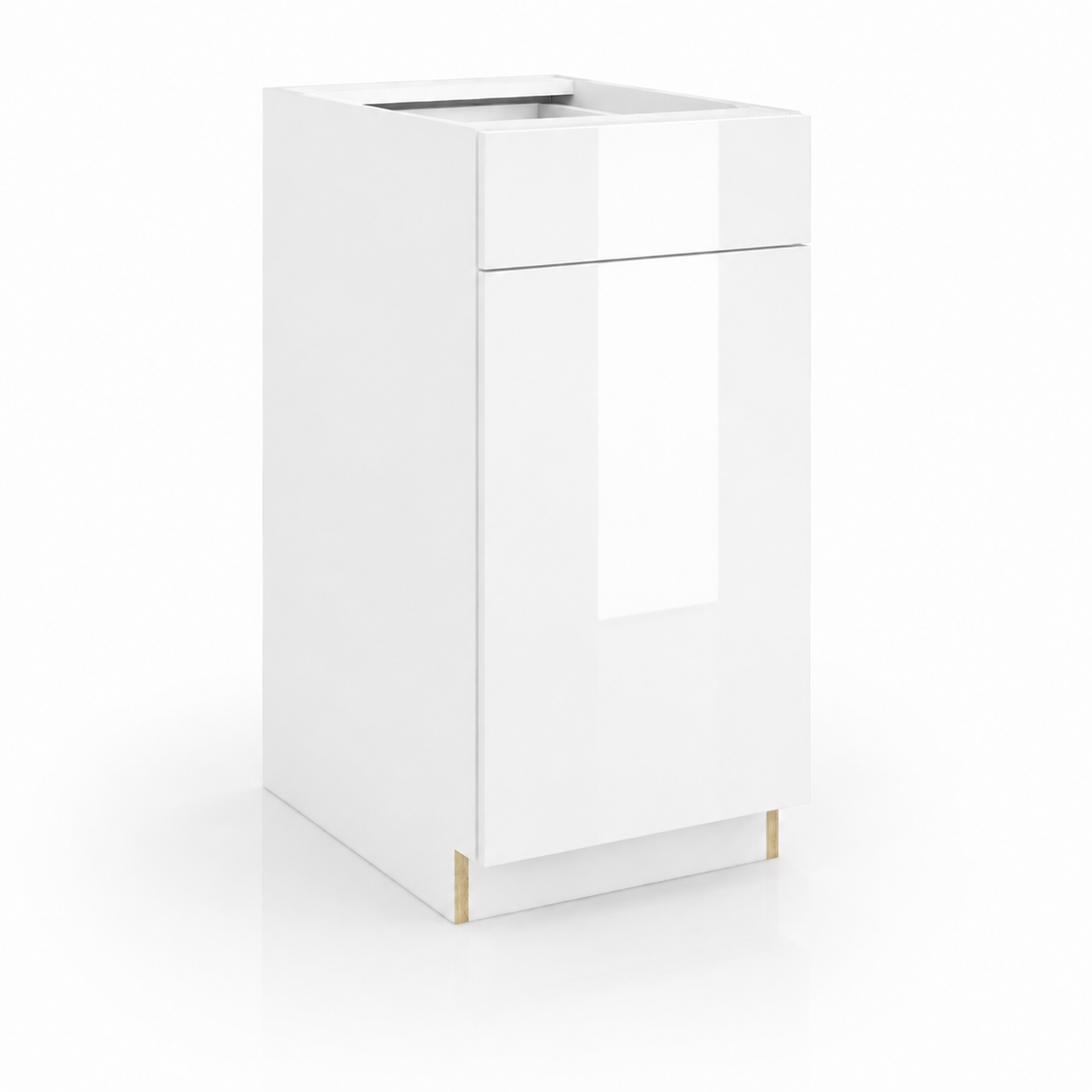 Clear glass display case with white base on a white background ( USA Cabinets Outlet )