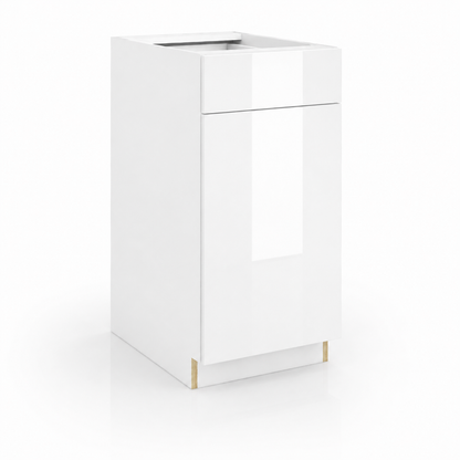 Clear glass display case with white base on a white background ( USA Cabinets Outlet )