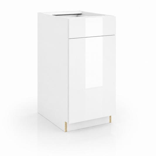Clear glass display case with white base on a white background ( USA Cabinets Outlet )