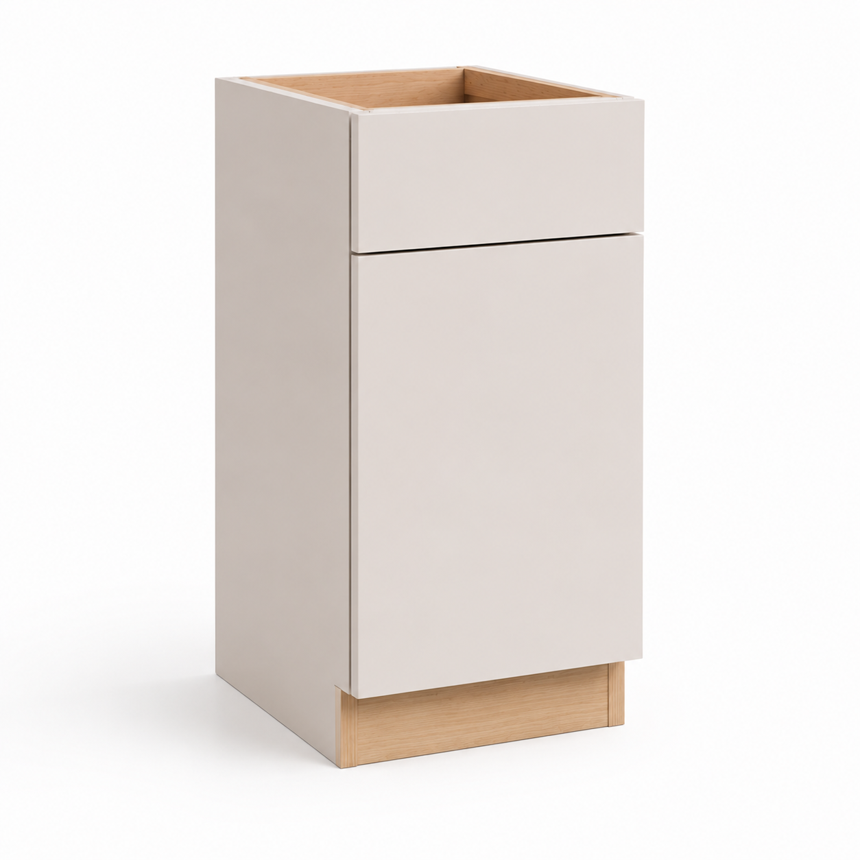 White cabinet with wooden base and top on a white background ( USA Cabinets Outlet )