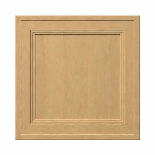 A square light oak wood cabinet door with a raised inner panel and decorative beveled edges, shown on a solid white background.
